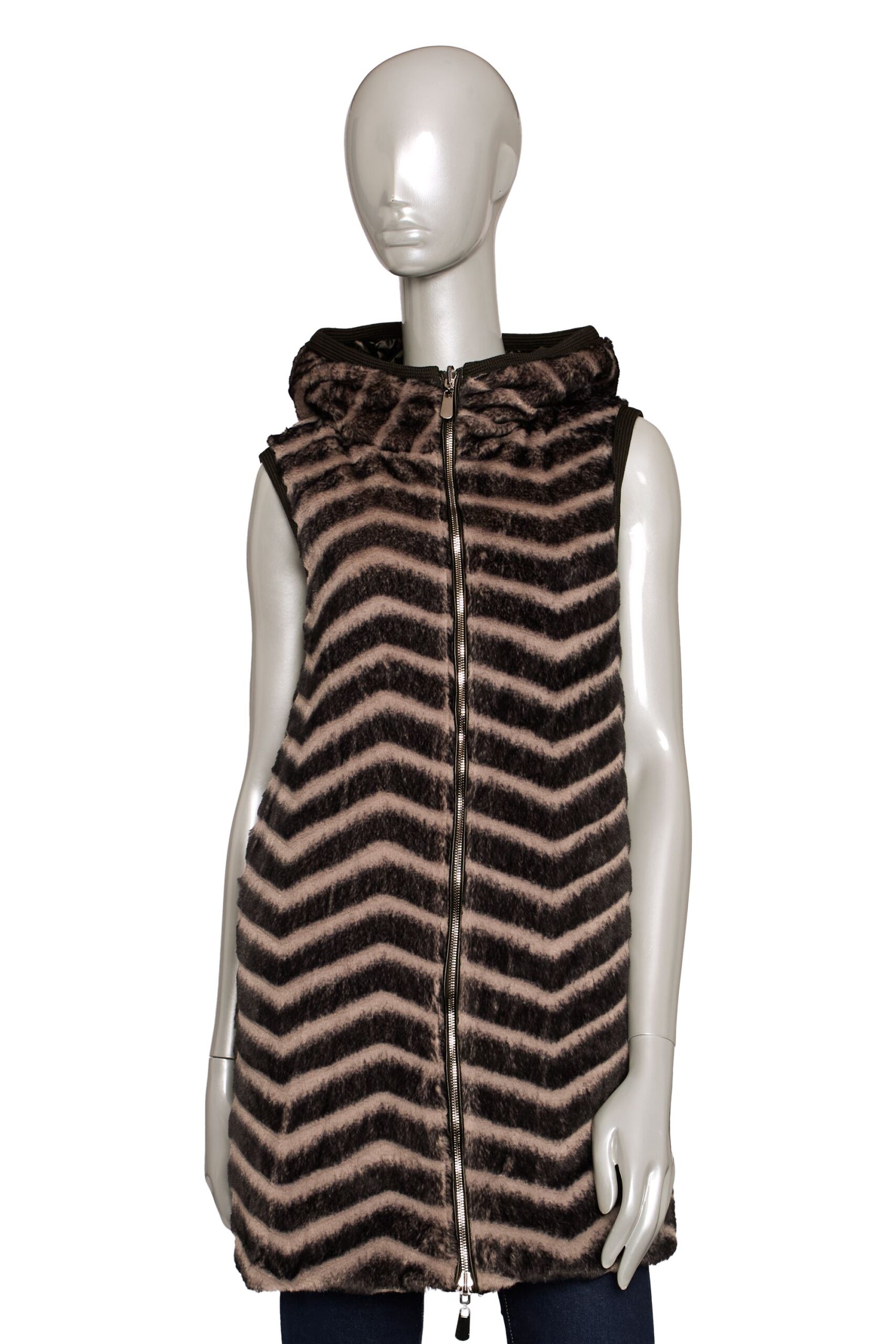 Gilet lungo reversibile Ecopelliccia Chevron Beige e Nero donna