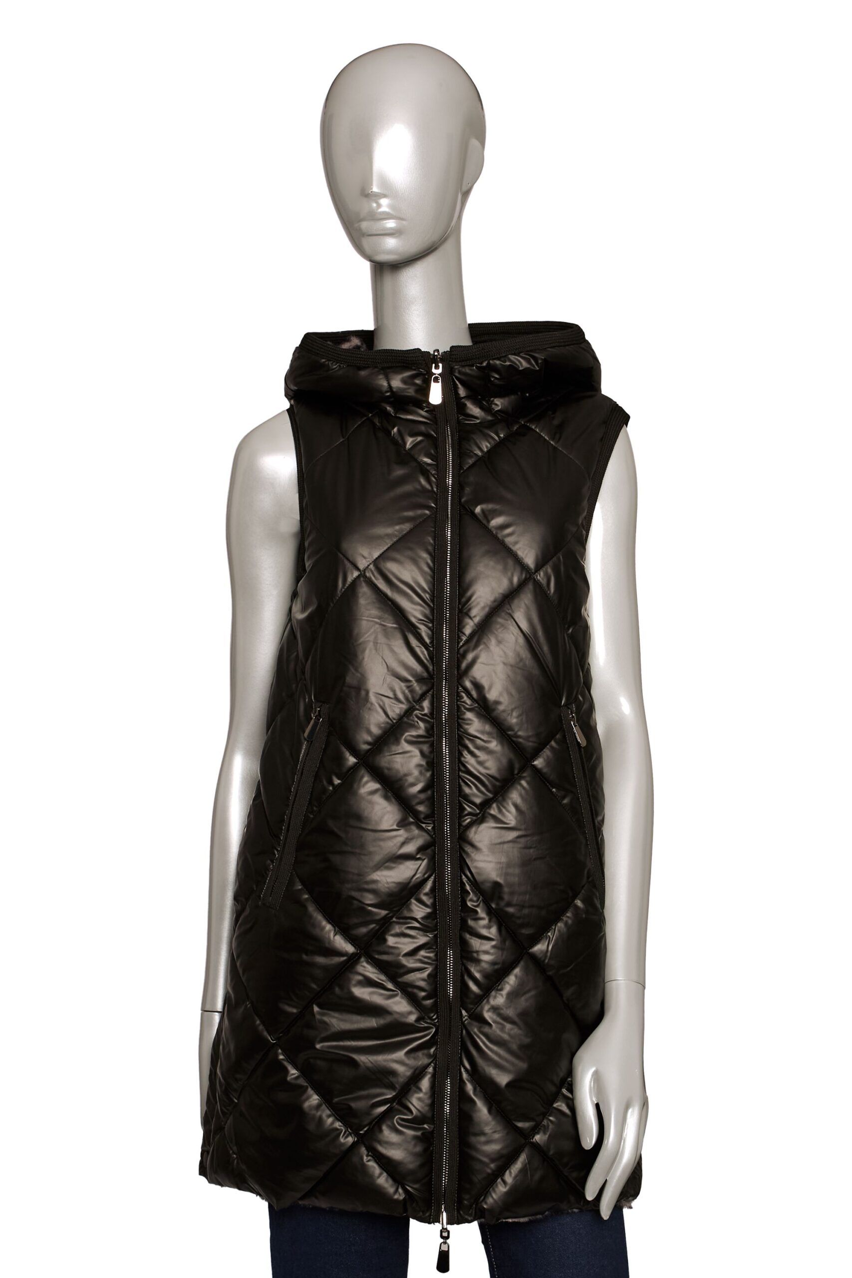 Gilet lungo reversibile Nylon trapuntato rombi Nero donna